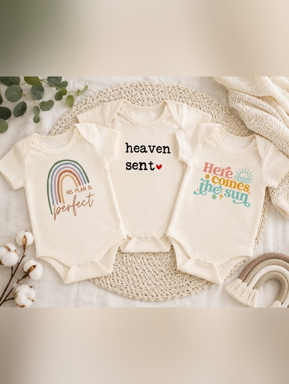Bundle of 3 Baby Bodysuits 3 Months Religious Inspirational Cream Onesies NEW